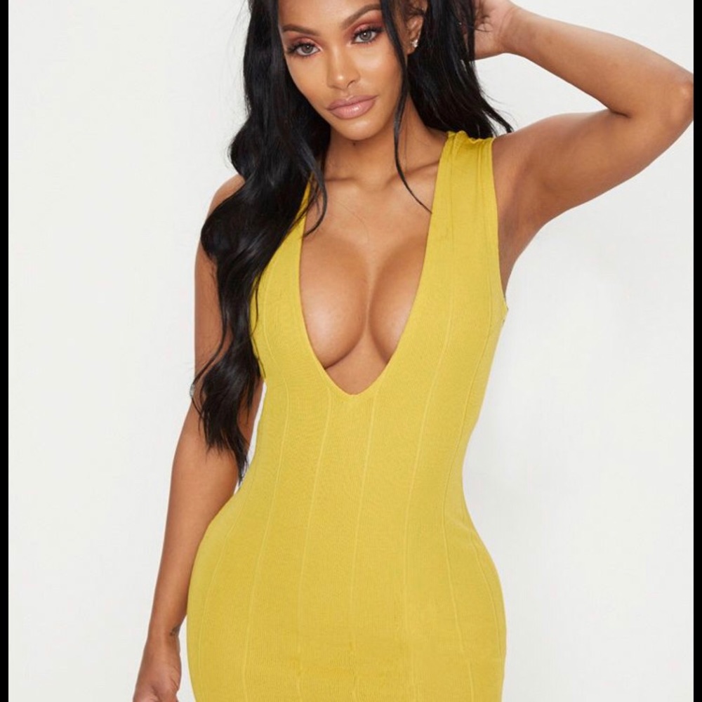 PrettyLittleThing Shape Chartreuse Plunge Dress